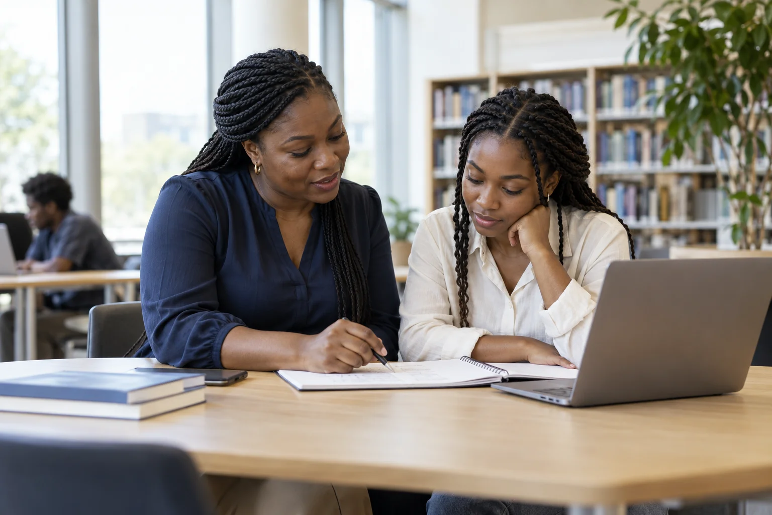 A lecturer helping a university student understand her course notes