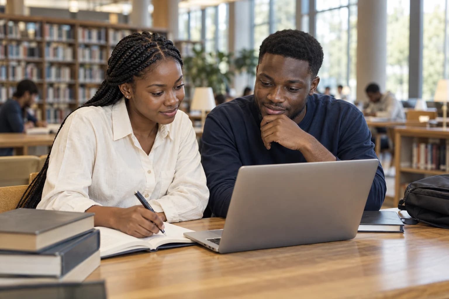 Two university students working through a lesson together in a sunlit library